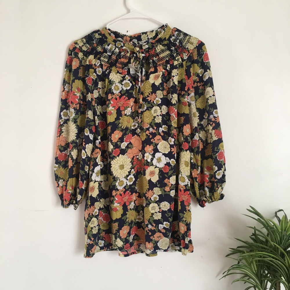 Anthropologie Navy Floral Peasant Blouse with Olive and Coral